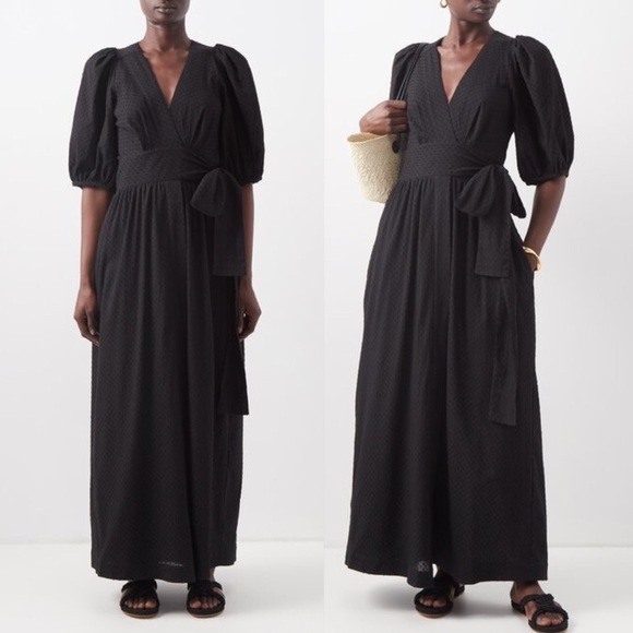 Three Graces London Bronwyn Fil-coupé Cotton Wrap Black Maxi Dress - Picture 1 of 11
